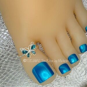 TOE RING BUTTERFLY Large Silver Filigree/Aqua Blue Crystal Big Toe Ring